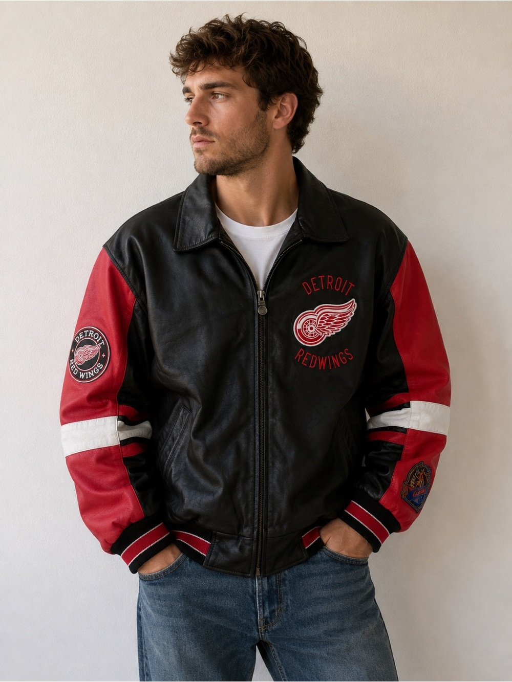 Detroit Red Wings Black and Red Leather Bomber Jacket